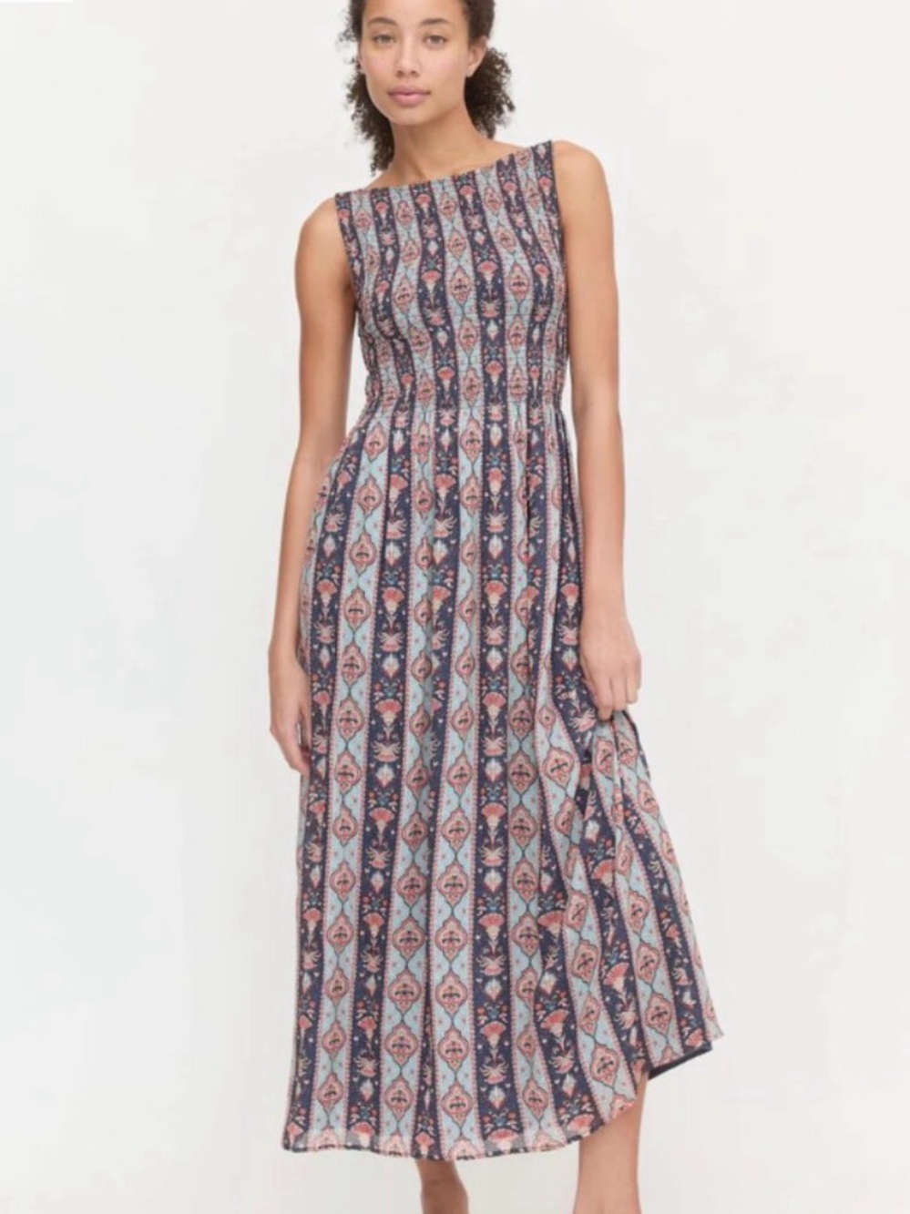 Hill House Cosmina Nap Dress Patterned Maxi Dress in Navy and Coral